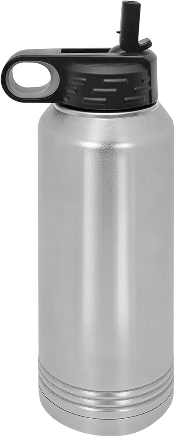 LaserGram Botella de agua de doble pared abatible de 32 onzas con pajilla, gato con mariposa, grabado personalizado incluido (acero inoxidable)