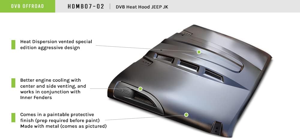 Capucha de dispersión de calor para Jeep Wrangler JK 2007-2018  Carenado central elevado y ventilado  Doble ventilación para un máximo flujo de aire