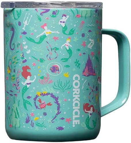 Corkcicle Disney Princess Ariel – Taza de café con triple aislamiento con tapa, vaso de campamento de acero inoxidable con asa, caliente durante más