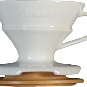 Somark Cafetera de cerámica con filtro de cono #2 con bandeja de goteo de madera Somark Cafetera de cerámica con filtro de cono #2 con bandeja de goteo de madera