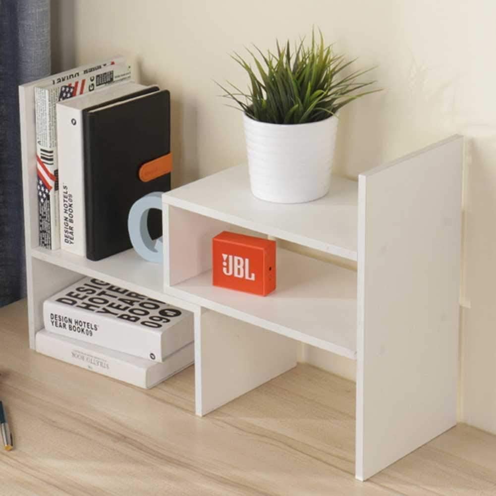 Organizador y almacenamiento de estantes de escritorio, mini estantería expandible para dormitorio, estante de escritorio de madera ajustable negro,