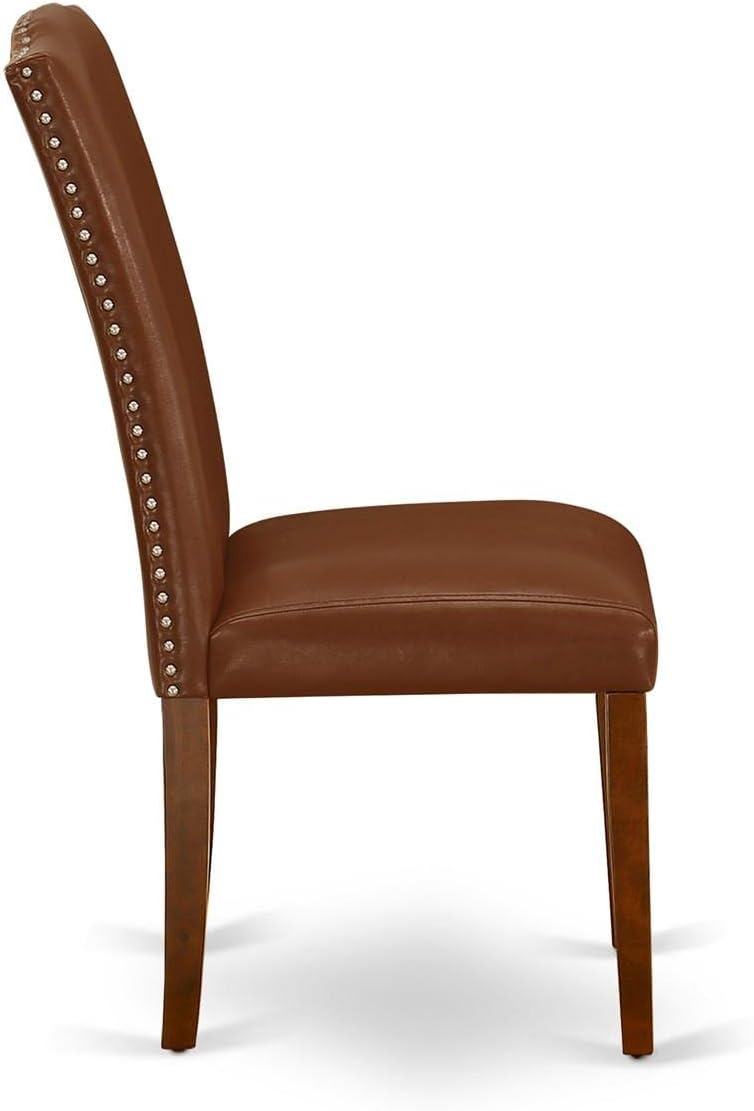 East West Furniture ENP3T66 Encinal Parsons – Juego de 2 sillas tapizadas de piel sintética marrón con ribete de cabeza de clavo, color caoba