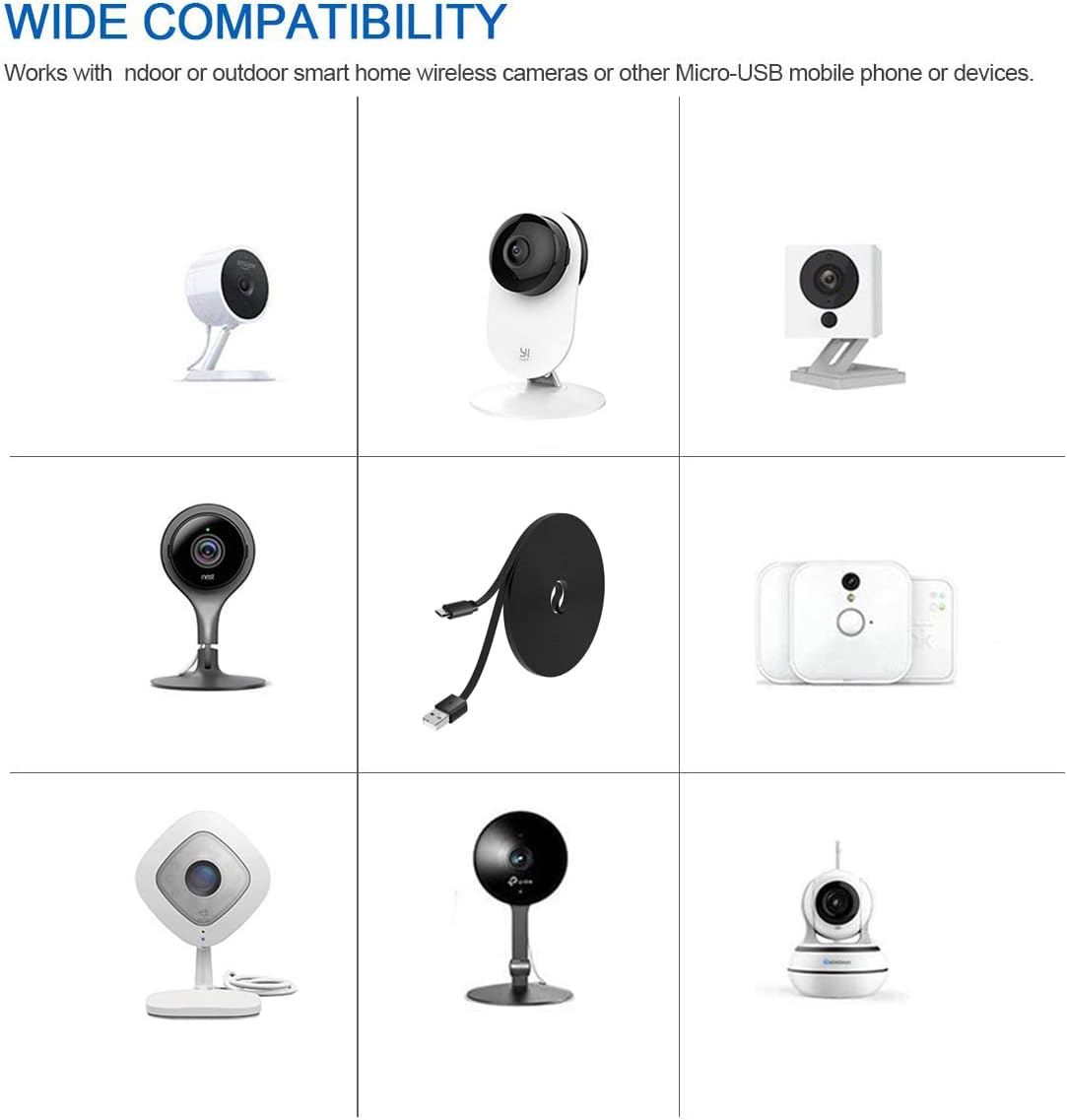 Cable de extensión de alimentación plano de 40 pies compatible con Wyze CamWyze Cam Pan, cámara Yi, NestCam para interiores, cámara Blink XT, cable