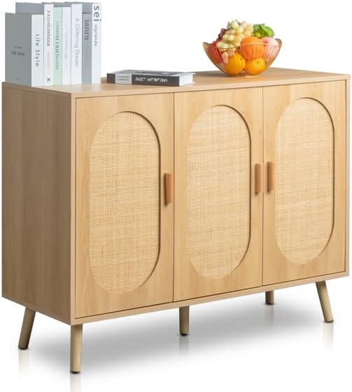 Aparador de 44.5 x 15.7 x 32.9 in con puertas de ratán natural, armario de almacenamiento de ratán con estantes ajustables, aparadores y buffets con