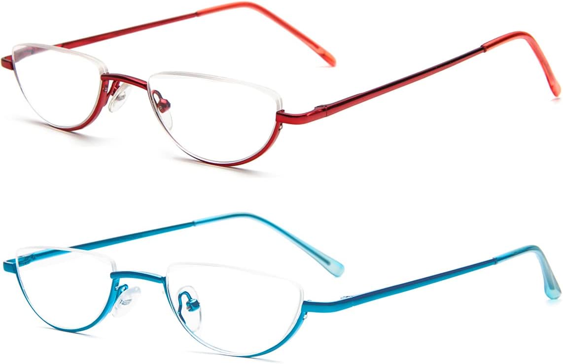 REAVEE Paquete de 2 lentes de lectura retro de diseño medio marco, para mujeres y hombres, bisagra de resorte para lectores de media luna, elegantes