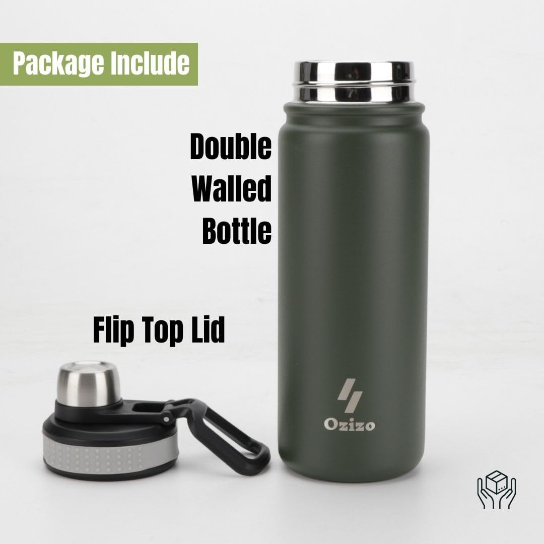 Ozizo Botella de agua deportiva con tapa abatible, botella de agua de acero inoxidable aislada de 22 onzas con tapa de boquilla, botella de agua,