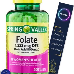 Suplemento dietético de folato, 1,333 mcg de DFE, 400 unidades Spring Valley y marcador de regalo de YOLOMOLO Suplemento dietético de folato, 1,333 mcg de DFE, 400 unidades Spring Valley y marcador de regalo de YOLOMOLO