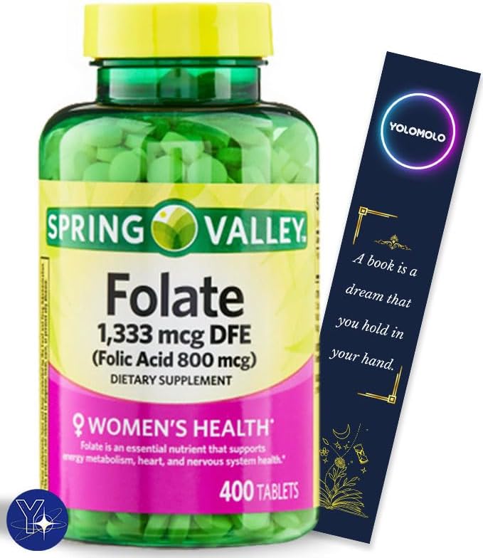 Suplemento dietético de folato, 1,333 mcg de DFE, 400 unidades Spring Valley y marcador de regalo de YOLOMOLO