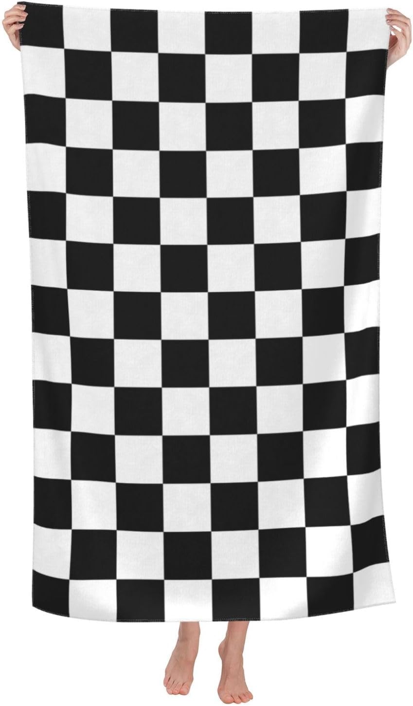 Toalla de playa a cuadros en blanco y negro, grande, suave, absorbente, de secado rápido, toallas de baño de gran tamaño para baño, mujeres,