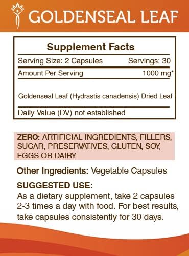 Secrets of the Tribe Goldenseal Leaf 60 cápsulas, hechas con cápsulas vegetales y hoja de sello dorado cultivada responsablemente (Hydrastis
