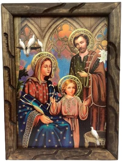 Sagrada Familia Imagen Impresa en Tabla De Madera 13″x18″ Jesús, Marco Rústico De Madera María Y José Sagrada Familia