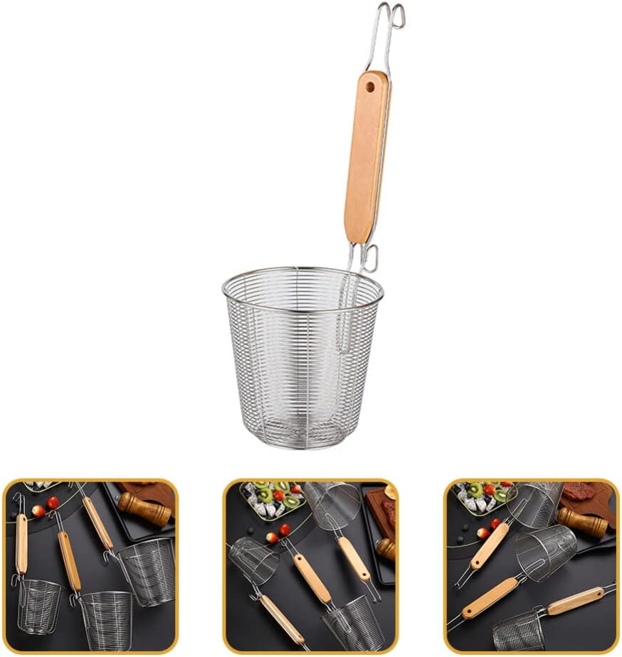 ZzzaNa Cesta de pasta de malla de acero inoxidable con mango de madera, colador de fideos para pasta, cuchara de espagueti, espumadera de cocina,