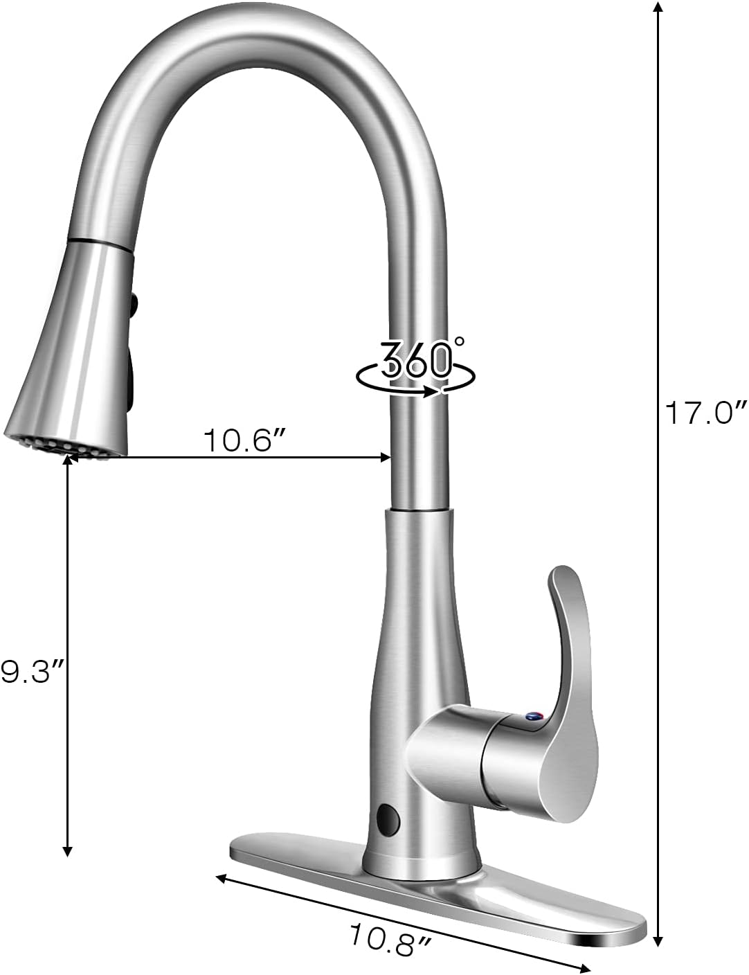 PETSITE Grifo de fregadero de cocina sin contacto con rociador extraíble, sensor de movimiento automático de un solo mango de arco alto, níquel