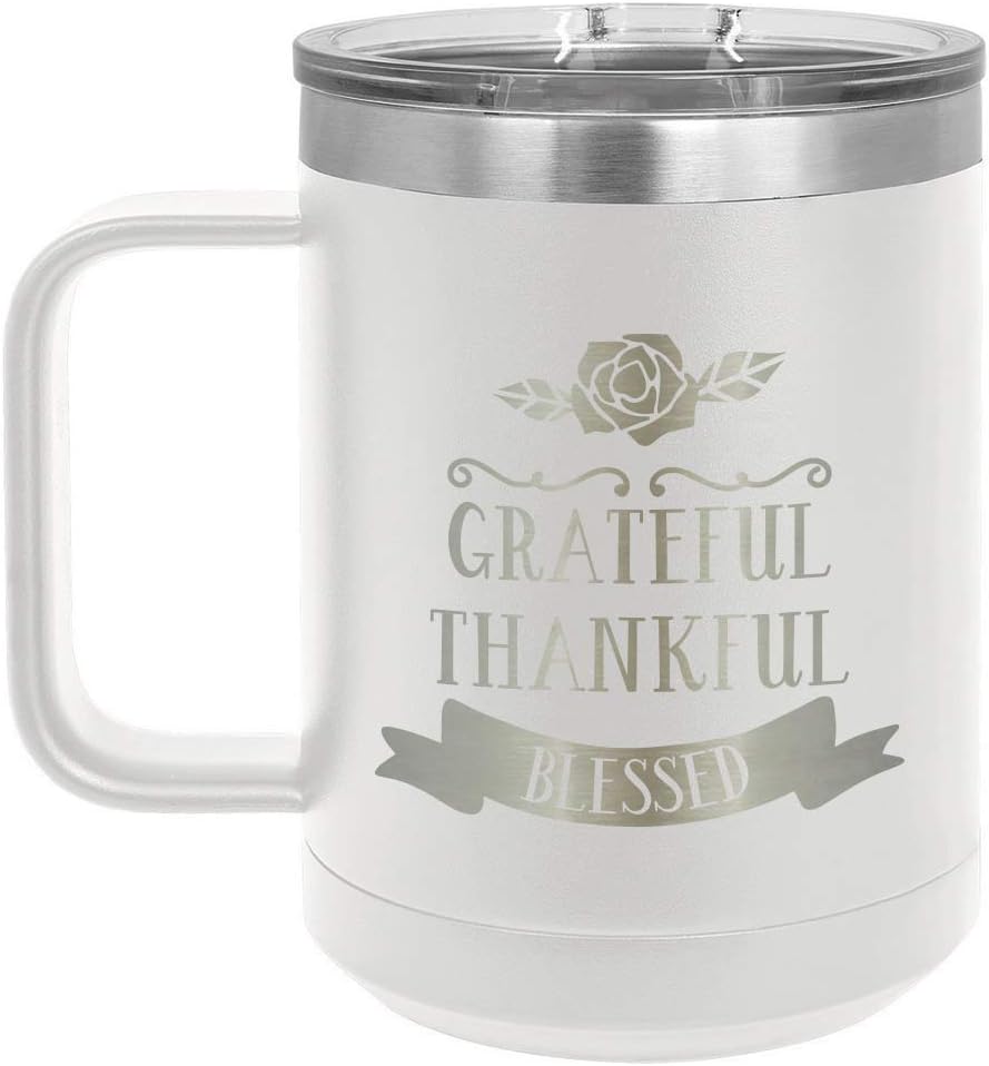 GRATEFUL THANKFUL BLESSED Taza de café blanca de 15 onzas con tapa deslizante  Taza de café de viaje aislada  Ideas de regalo únicas de mujeres u