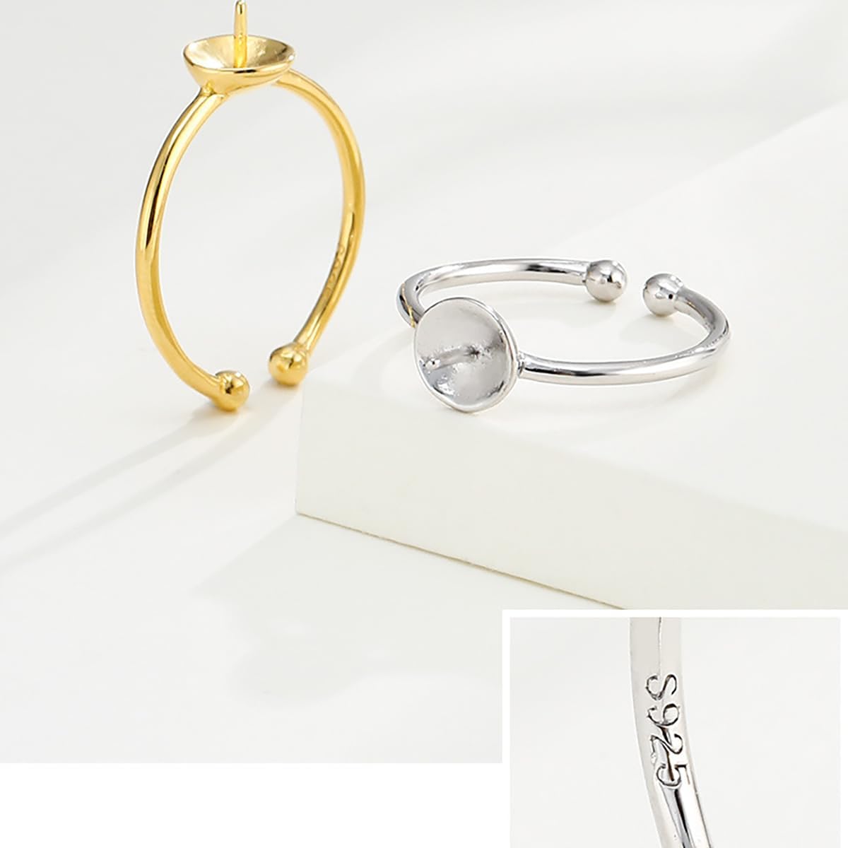 Base de anillo ajustable de plata de ley 925 en blanco para anillos redondos de perlas de 0.315 a 0.394 pulgadas, accesorios con asiento de perlas