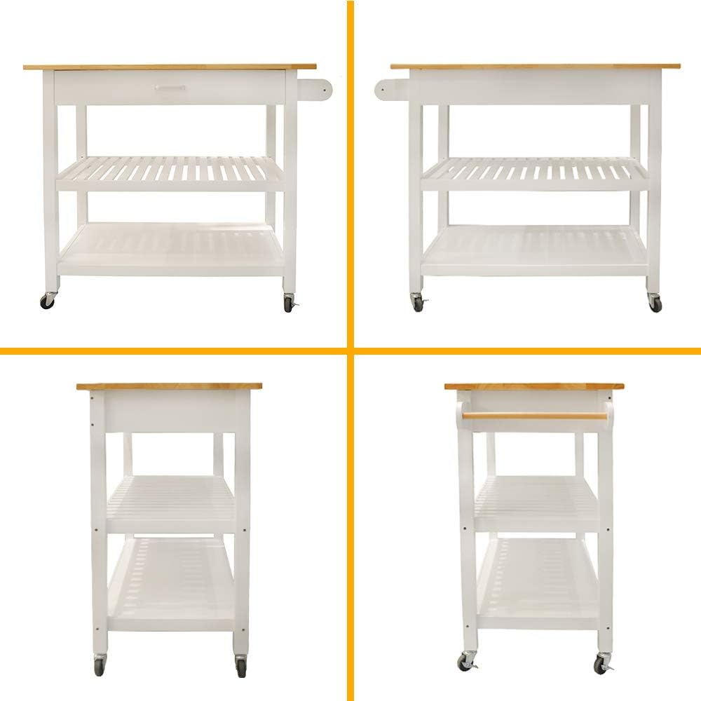 GLANZEND Carrito de isla de cocina, isla de cocina móvil con estante de almacenamiento, cajón, 2 ruedas con cerradura, parte superior de madera de