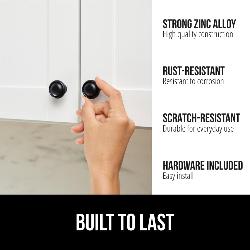 Gorilla Grip Paquete de 10 pomos redondos duraderos de aleación de zinc negro de 1.25 pulgadas, tiradores de cajón resistentes al óxido y a los