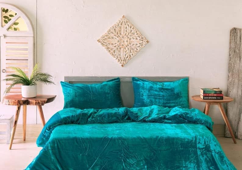 Funda de edredón de terciopelo sólido ultra lujosa, ropa de cama bohemia de 3 piezas, juego de ropa de cama de terciopelo (azul aguamarina, tamaño