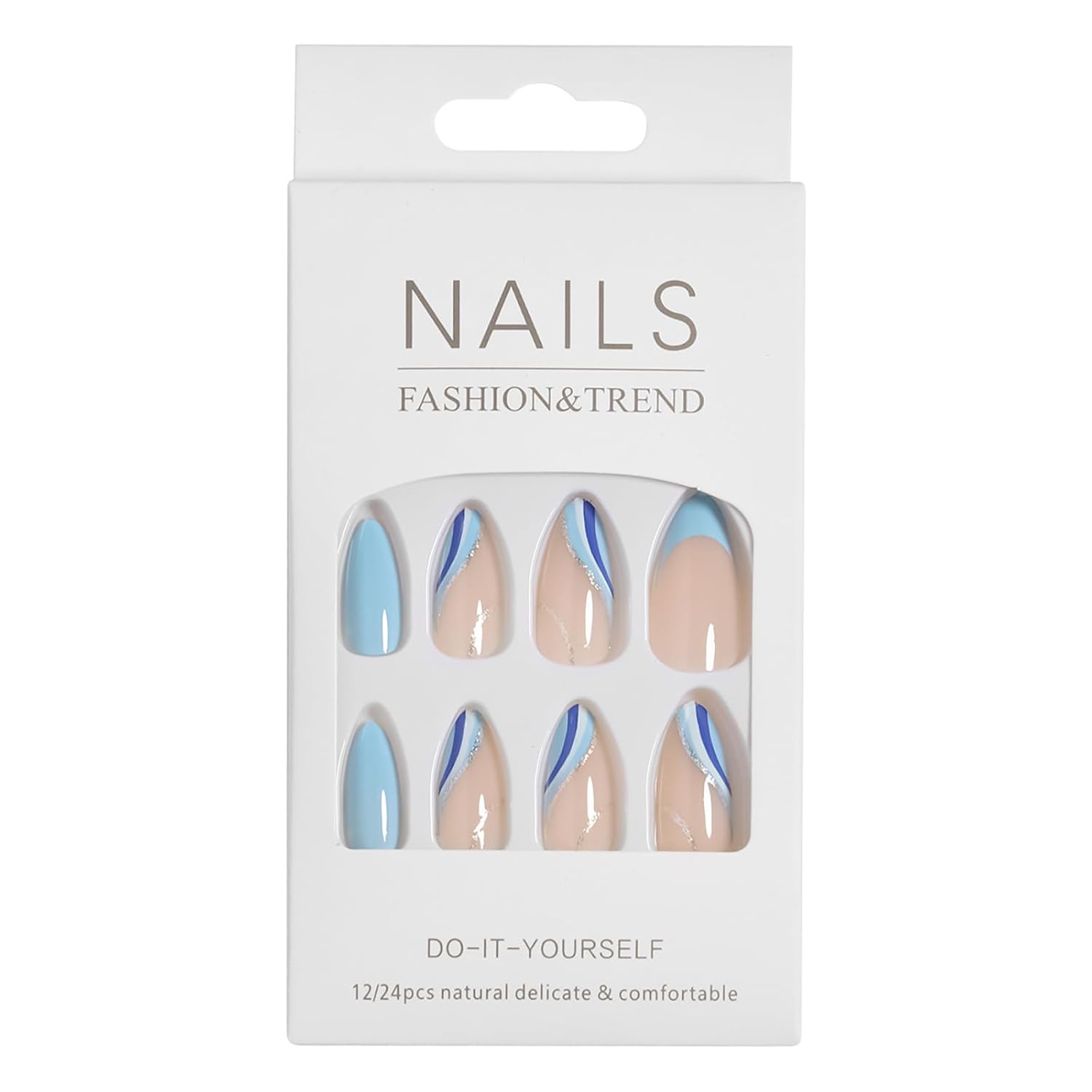Uñas postizas azules a presión con punta francesa, uñas postizas medianas con diseño de brillantina de cobertura completa, uñas acrílicas