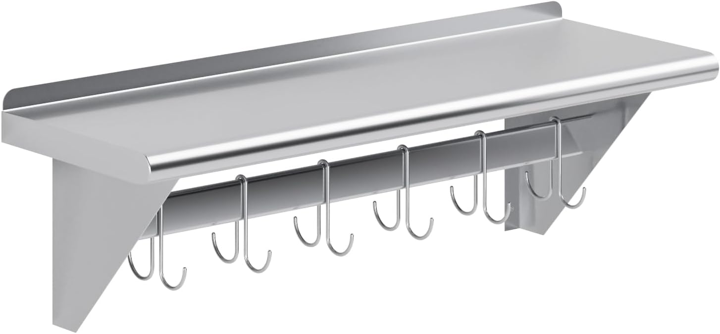 AmGood Estante para ollas montado en la pared de acero inoxidable de 36 pulgadas de largo x 12 pulgadas de profundidad con estante  Certificado NSF