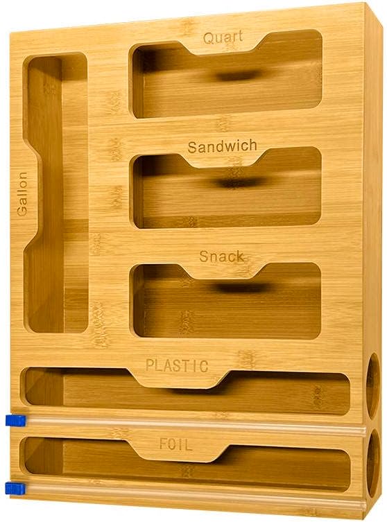 Organizador de almacenamiento de bolsas Ziplock 6 en 1, dispensador de papel de bambú y plástico con cortador organizador para cajón de cocina,
