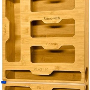 Organizador de almacenamiento de bolsas Ziplock 6 en 1, dispensador de papel de bambú y plástico con cortador organizador para cajón de cocina, Organizador de almacenamiento de bolsas Ziplock 6 en 1, dispensador de papel de bambú y plástico con cortador organizador para cajón de cocina,
