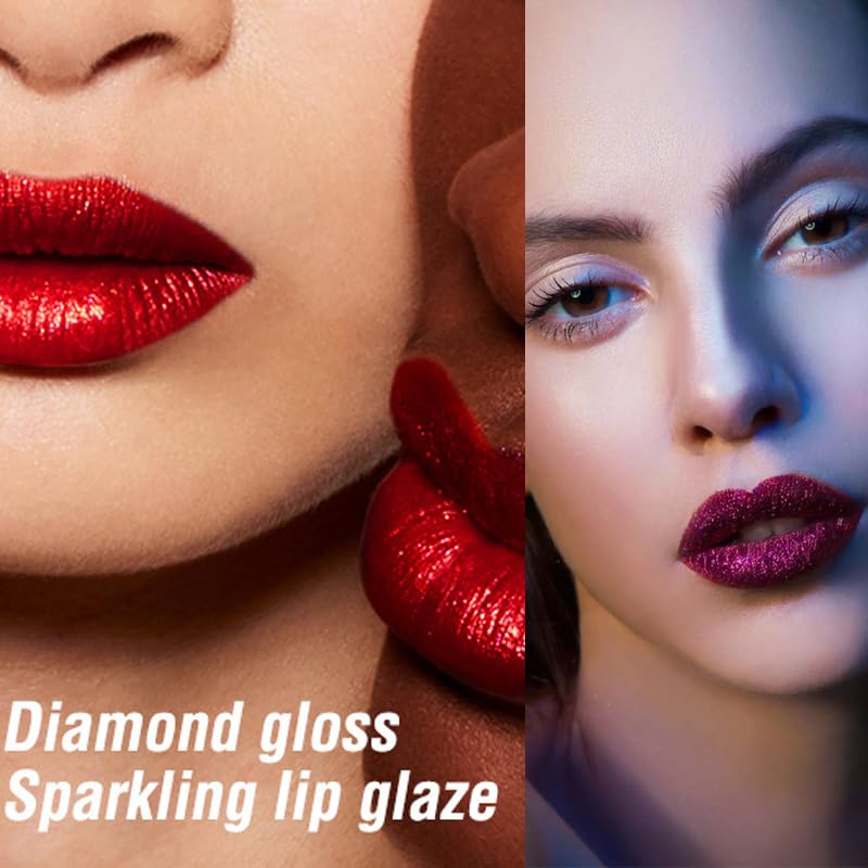 AKARY Lápiz labial líquido brillante de larga duración, diseño de calavera de diamante metálico con purpurina brillante, acabado brillante, brillo