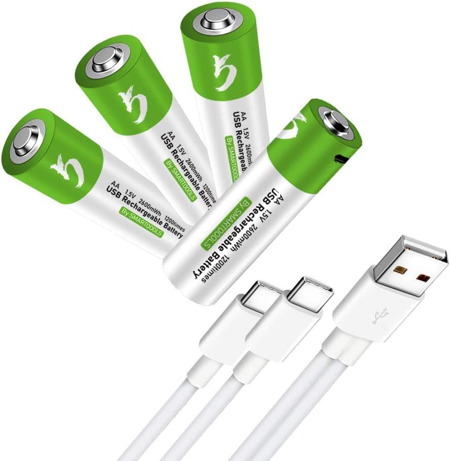 Batería recargable USB AA de iones de litio, batería AA recargable de alta capacidad de 1.5 V 2600 mWh, carga rápida de 1.5 H, 1200 ciclos con cable