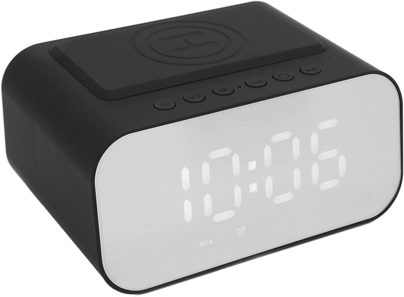 Altavoz Bluetooth con reloj despertador, cargador inalámbrico de 15 W de carga rápida, radio FM, temporizador de sueño, 3 niveles de brillo