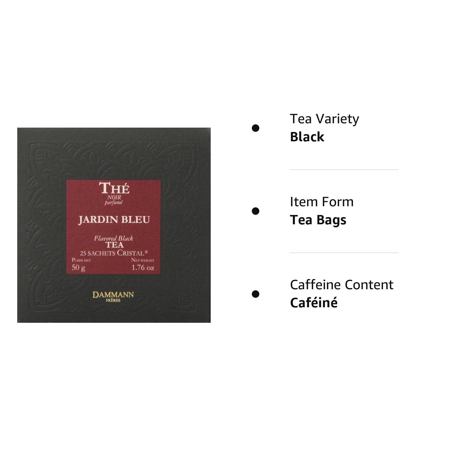 Dammann Freres Sachets, Bolsas de té Jardin Bleu, té negro francés gourmet premium, mezcla de fresa, sabores de ruibarbo, 25 unidades (paquete