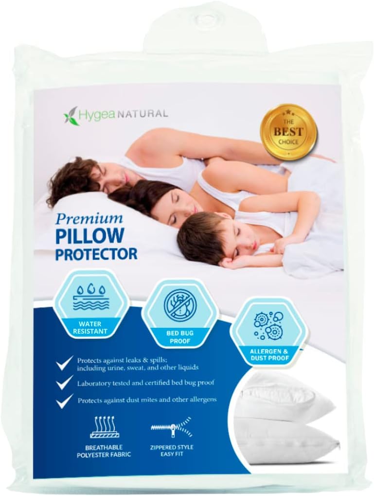 Hygea – Juego de 2 lujosos protectores de almohada naturales resistentes al agua – Fundas de almohada con cremallera prémium