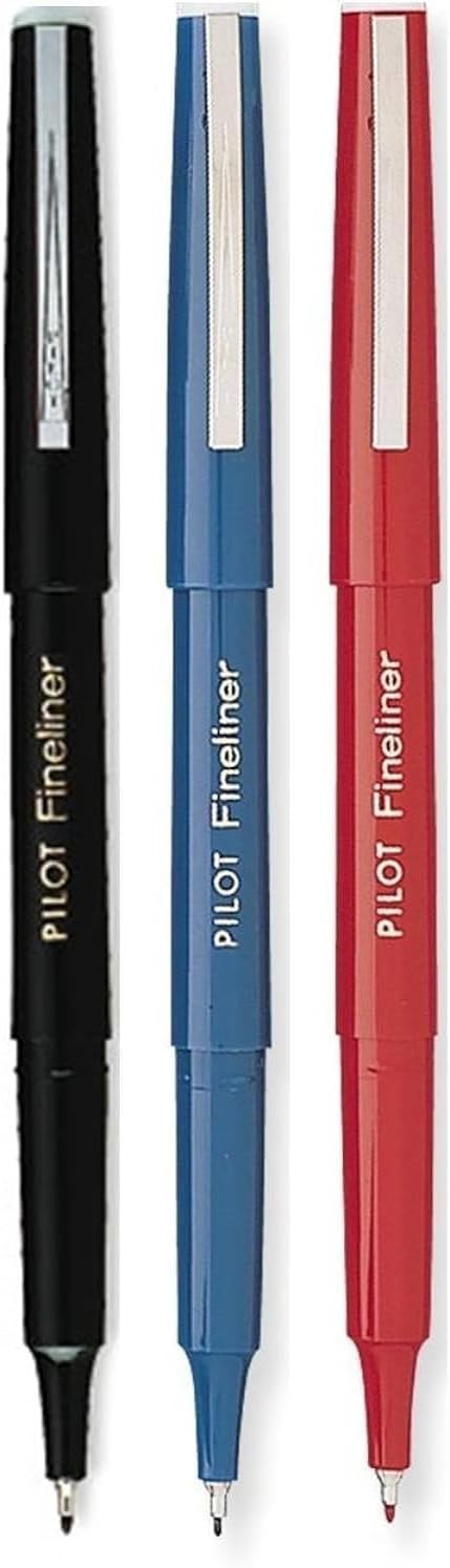 Pilot Marcadores fineliner, punta fina, colores de tinta surtidos, negro 11002, azul 11014, rojo 11015, 1 para cada uno