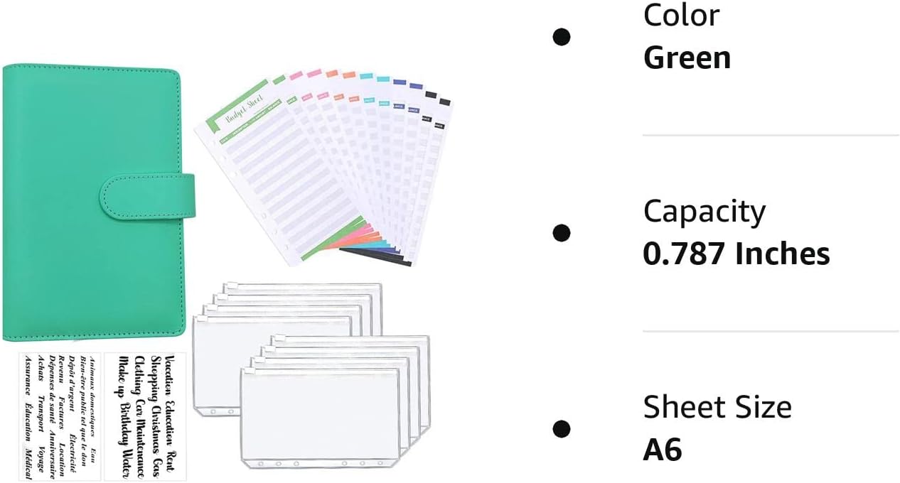 Carpeta de piel sintética para planificar presupuestos A6 de 6 colores con sobres de efectivo con cremallera y hojas de presupuesto de gastos, libro