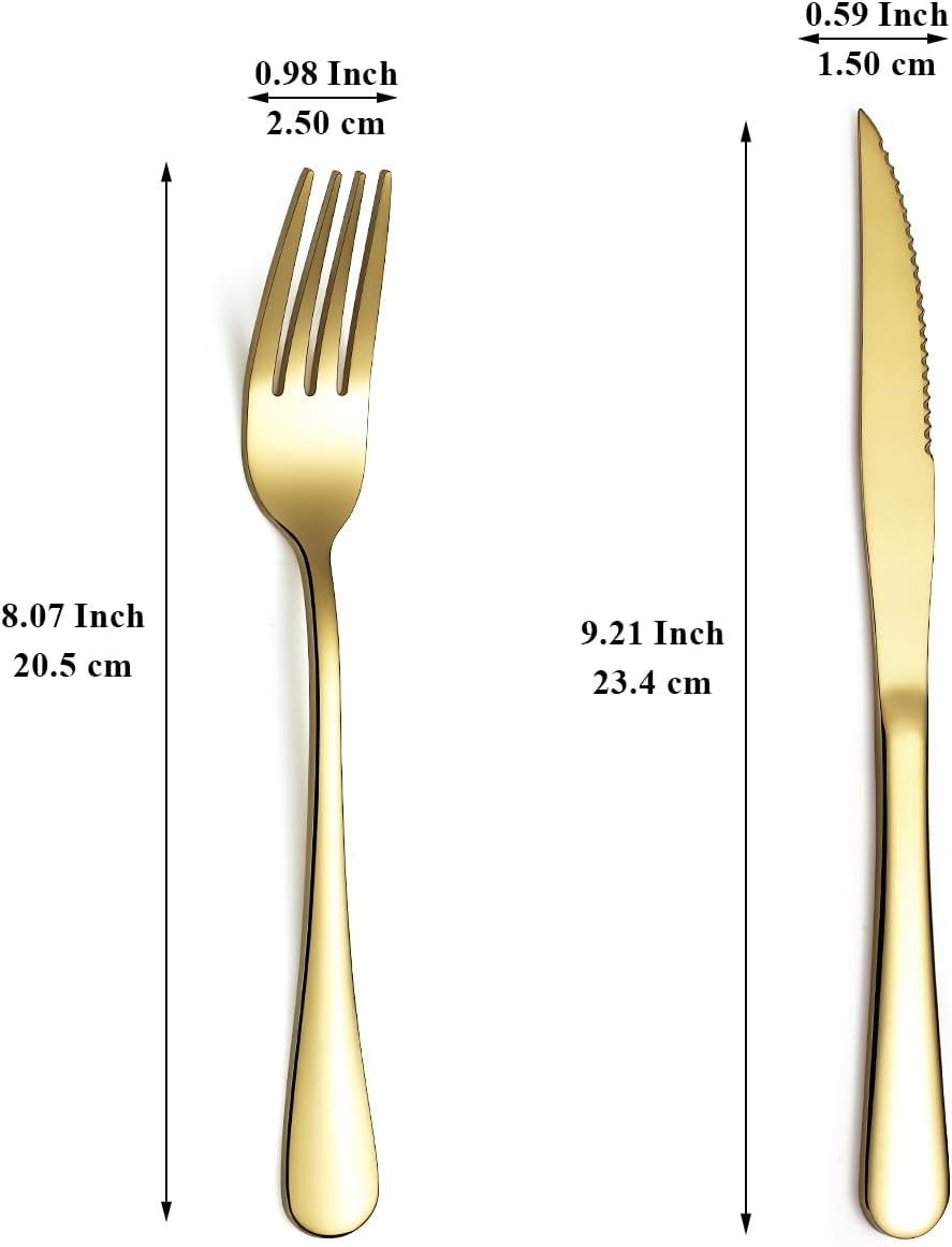 Evanda Juego de cuchillos dorados para carne, 12 piezas, acero inoxidable chapado en titanio dorado, 6 tenedores y 6 cuchillos de cena, cuchillos