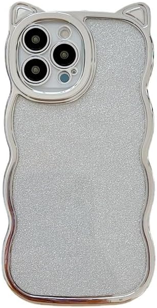 Funda compatible con iPhone 13, diseño de dibujos animados 3D chapado en orejas de gato con purpurina brillante en la parte trasera rizada,