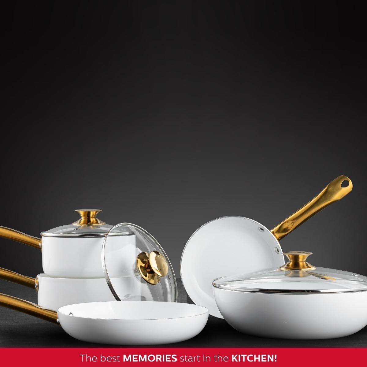 Holstein Housewares Sartén antiadherente de cerámica de 8 pulgadas, elegante mango de color blanco y dorado, elegancia dorada para cada cocina