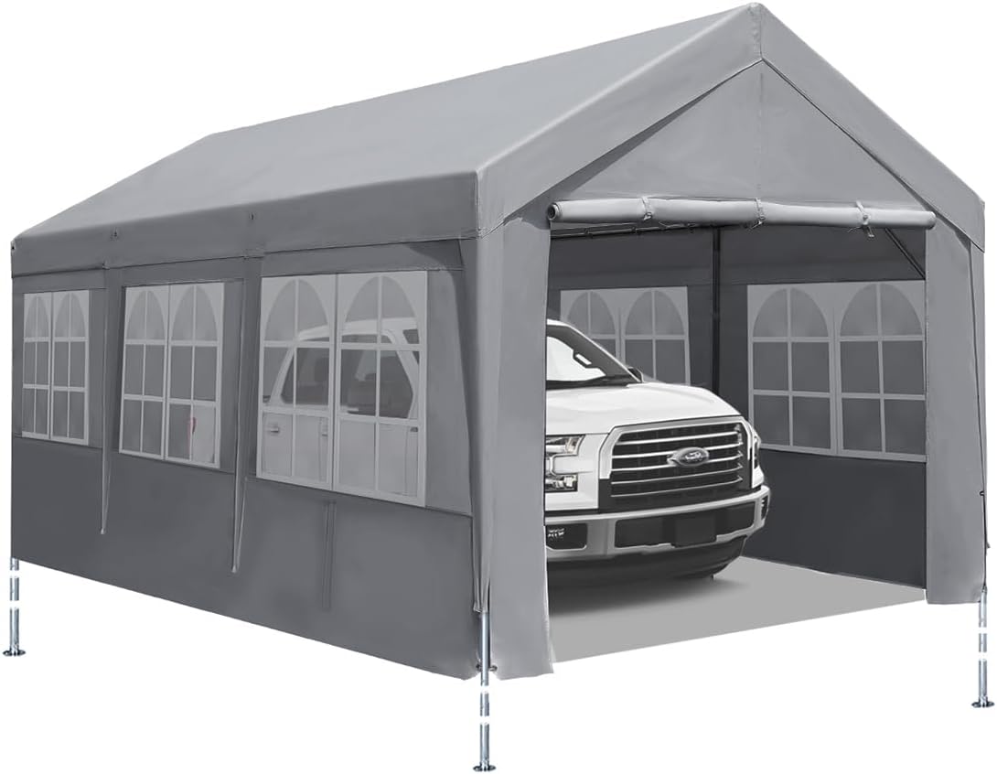 ADVANCE OUTDOOR Cochera resistente de 10 x 20 pies con paredes laterales de ventanas, altura ajustable de 9.5 pies a 11 pies, toldo para automóvil,