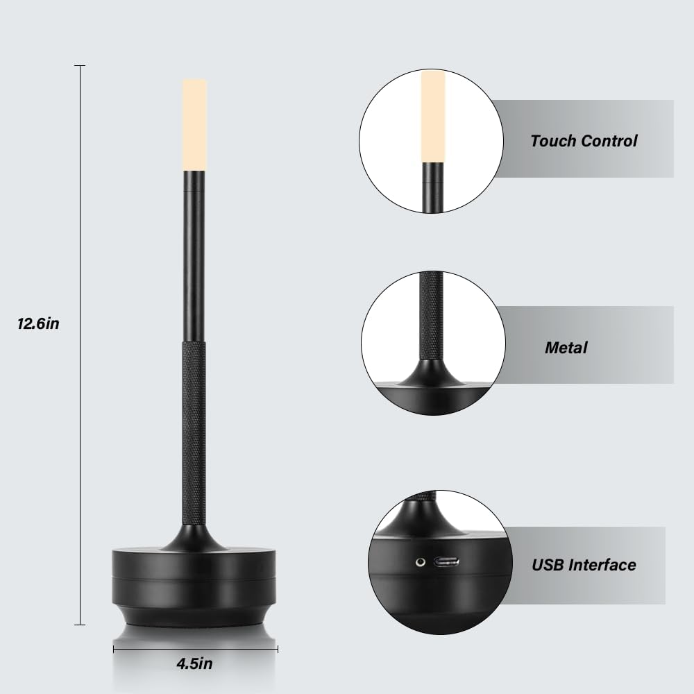 Lámpara de escritorio portátil de metal, lámpara de mesa LED inalámbrica, lámpara recargable de control táctil de 3 colores, lámpara de escritorio