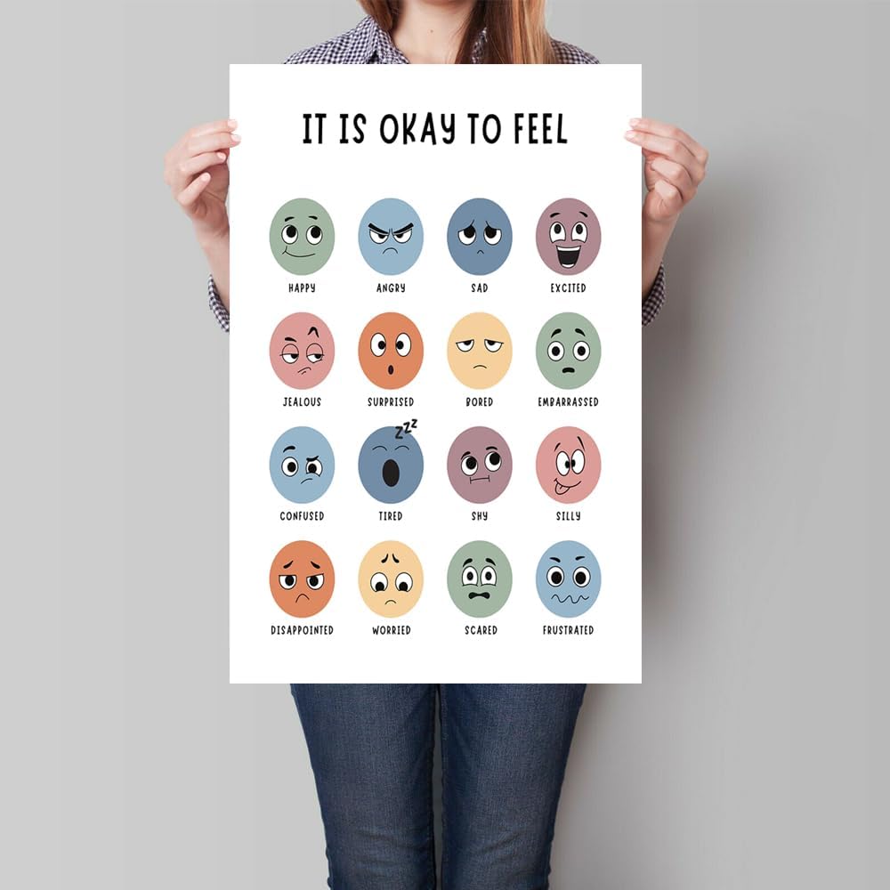 BFADMN Lienzo bohemio con texto en inglés It Is Okay To Feel, arte para pared de salud mental, decoración de sala de juegos, póster de arte infantil