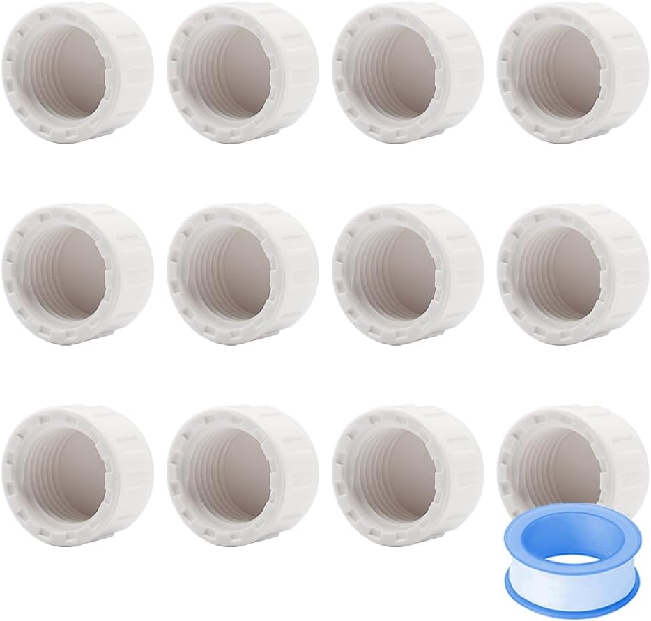 12PCS 34inch PVC Acoplamiento Cap Accesorios de tubería Blanco PVC Tapa de Extremo Adaptador SCH40 Ajuste para 0.75 pulgadas Hembra Rosca Tubos o