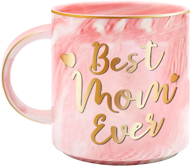 Taza de 12 onzas con la frase “Best Mom Ever” para mamá, divertida taza de café de cerámica con estampado doble de mármol rosa, para el Día de la