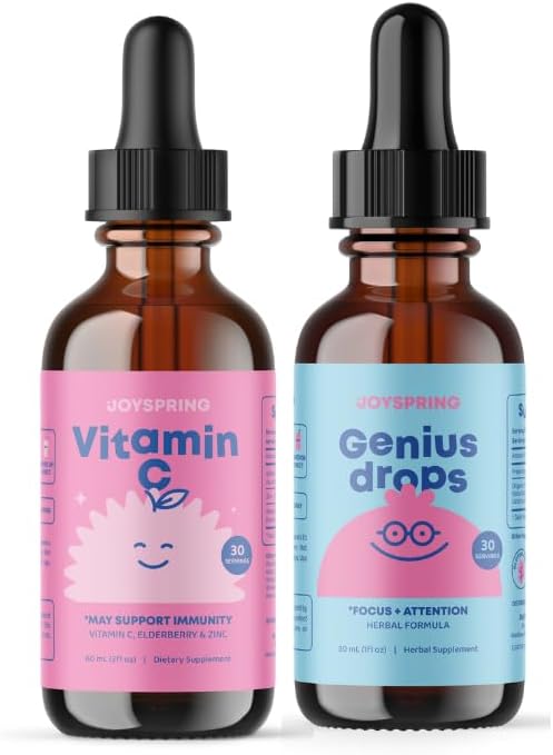 JoySpring Genius Drops & Vitamina C Suplemento Set  Gotas de suplemento diario natural  Paquete de regreso a clases  Promueve la concentración en