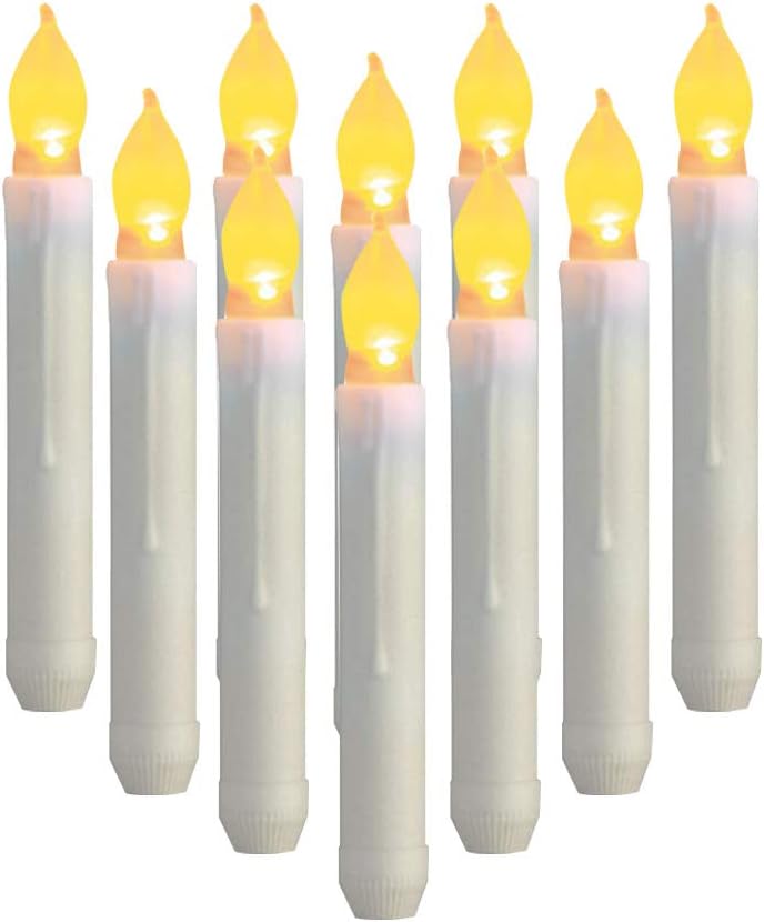 Juego de 12 velas cónicas sin llama parpadeantes color marfil para bodas, fiestas, Navidad, candelabro, luz ámbar, velas cónicas que funcionan con