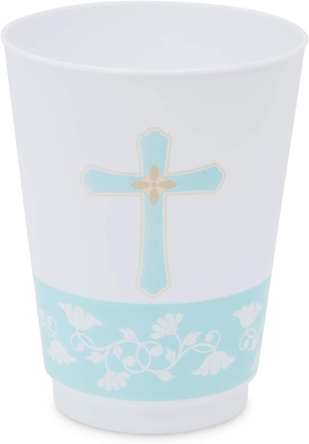 Sparkle and Bash Paquete de 16 vasos de 16 onzas con cruz azul, vasos de plástico para bautismo, decoraciones de primera comunión, suministros para