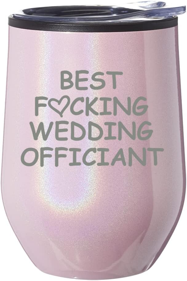 Vaso de vino sin tallo, taza de viaje de café con tapa, regalo para el mejor oficiante de boda divertido (purpurina rosa)