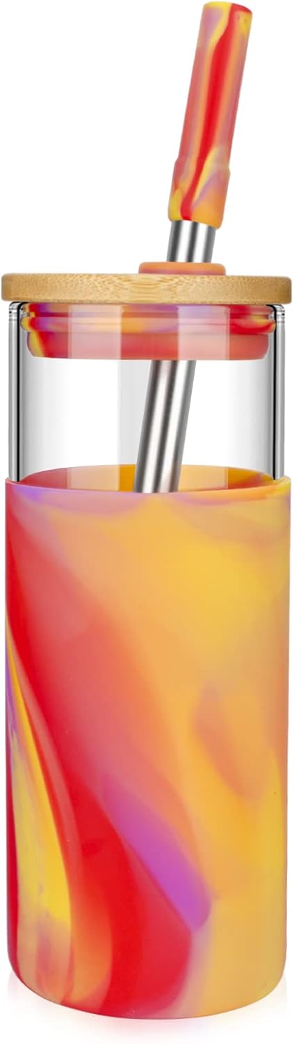tronco Vaso de vidrio de 20 onzas con tapa de bambú y pajita, taza de café helado reutilizable, taza de batido, taza de té Boba de vidrio, botella