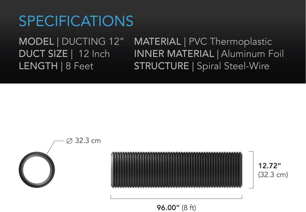 AC Infinity Conducto de aluminio flexible de 12 pulgadas, protección resistente de cuatro capas, 8 pies de largo para calefacción, ventilación de