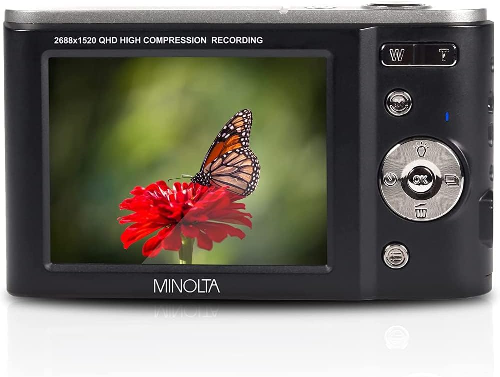 Minolta MND20-BK – Cámara digital Ultra HD de 44 MP 2.7K, paquete negro con tarjeta de memoria Lexar UHS-I SDHC de 32 GB, funda para cámara Deco