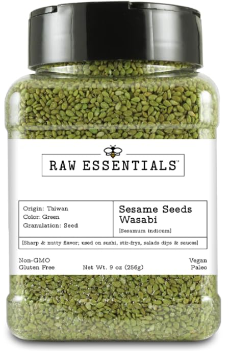 Wasabi Semillas de sésamo  Sabor afilado a nuez con subtono picante  Utilizado en alimentos de inspiración asiática, sushi, salteados, ensaladas,