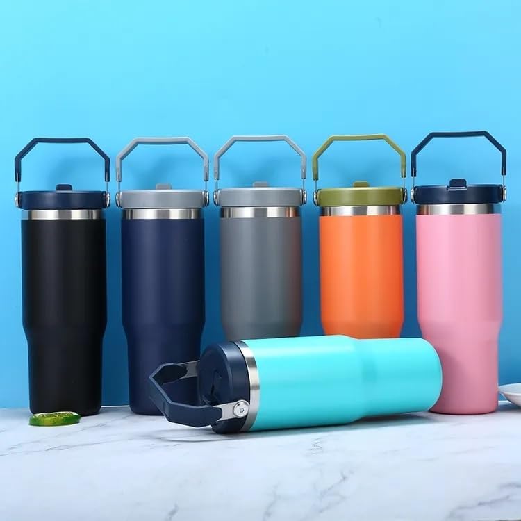 Vaso de acero inoxidable de 30 onzas con doble aislamiento al vacío con asa y tapa con popote, vaso a prueba de fugas, botella de agua con popote